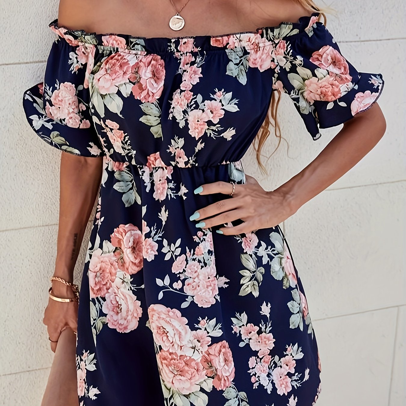 Elegant Off-Shoulder Floral Dress for Women - Short Sleeve, Mid-Length with Cinched Waist, Perfect for Spring/Summer