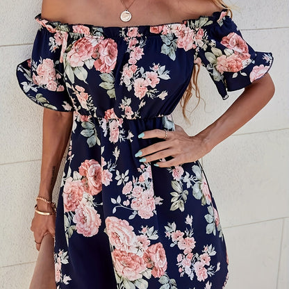 Elegant Off-Shoulder Floral Dress for Women - Short Sleeve, Mid-Length with Cinched Waist, Perfect for Spring/Summer