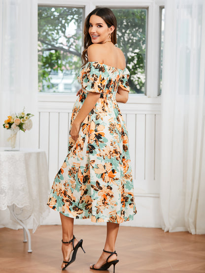 Women's Off-Shoulder Floral Dress, Romantic Style, Short Sleeve Flowy High-Waist Summer Dress