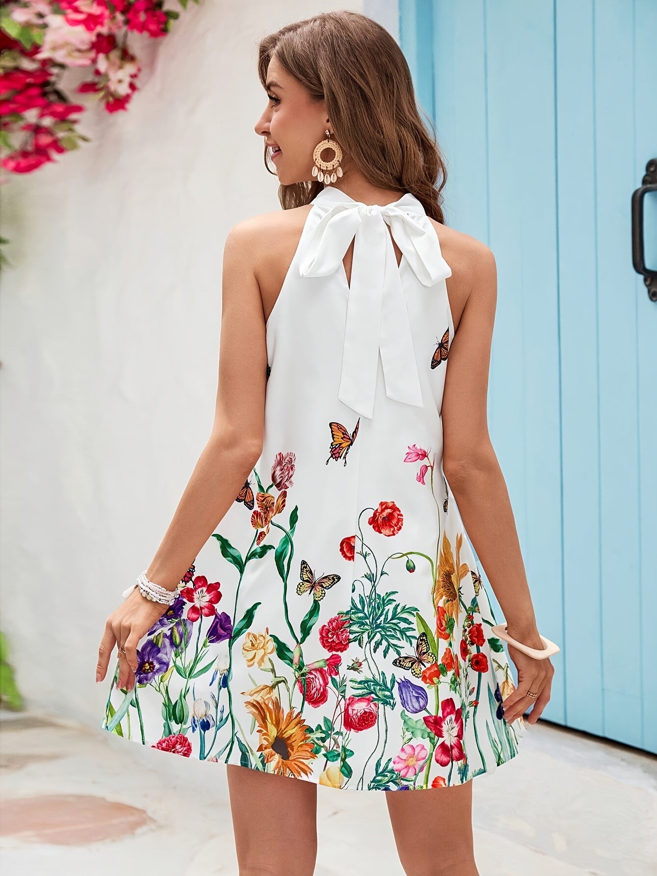 Elegant Floral Print Halter Dress with Tie-Back Detail - Sleeveless A-Line Mini Dress for Women, Vibrant Flower Design, Perfect for Spring/Summer/Fall, Floral Dress