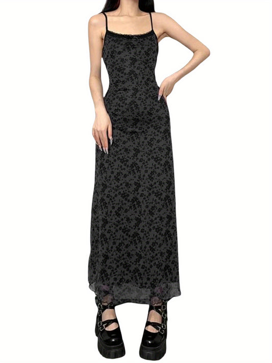 Women Slip Slim Fit Fashion Style Dress Spaghetti Straps Backless Lace Trim Floral Dress Summer Long Solid Color Dress