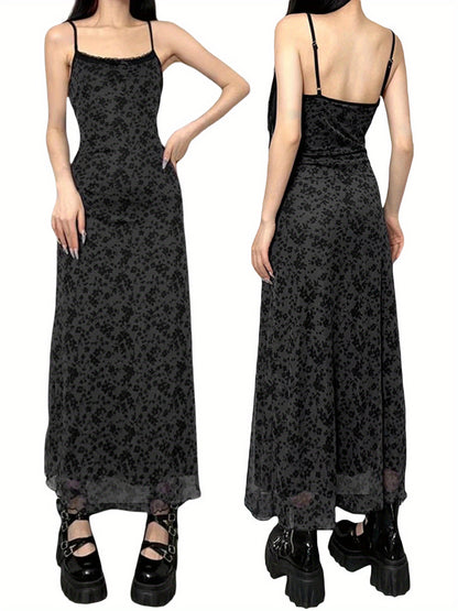 Women Slip Slim Fit Fashion Style Dress Spaghetti Straps Backless Lace Trim Floral Dress Summer Long Solid Color Dress