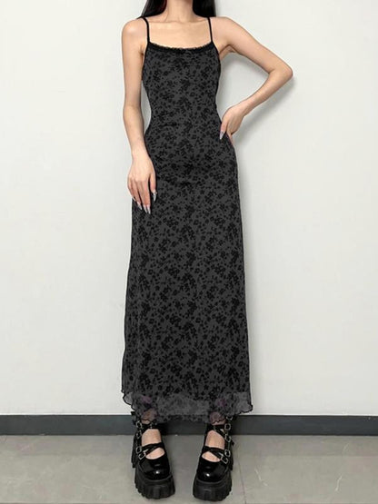 Women Slip Slim Fit Fashion Style Dress Spaghetti Straps Backless Lace Trim Floral Dress Summer Long Solid Color Dress