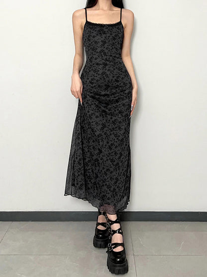 Women Slip Slim Fit Fashion Style Dress Spaghetti Straps Backless Lace Trim Floral Dress Summer Long Solid Color Dress