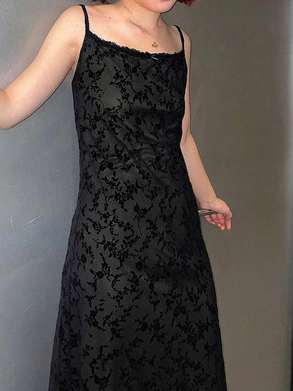 Women Slip Slim Fit Fashion Style Dress Spaghetti Straps Backless Lace Trim Floral Dress Summer Long Solid Color Dress