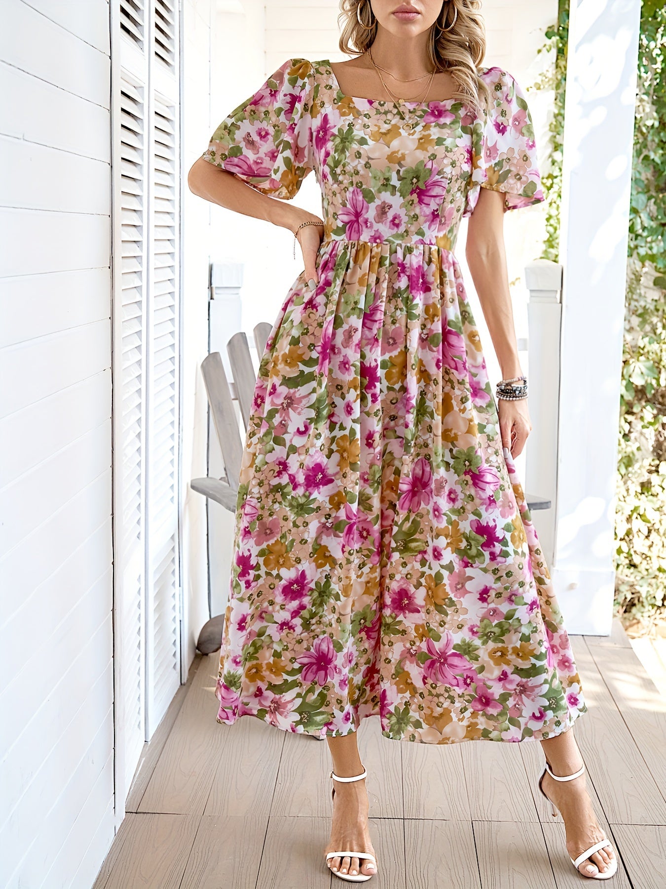 Elegant Floral Dress with Ruffle Sleeves for Women - Perfect for Spring and Summer