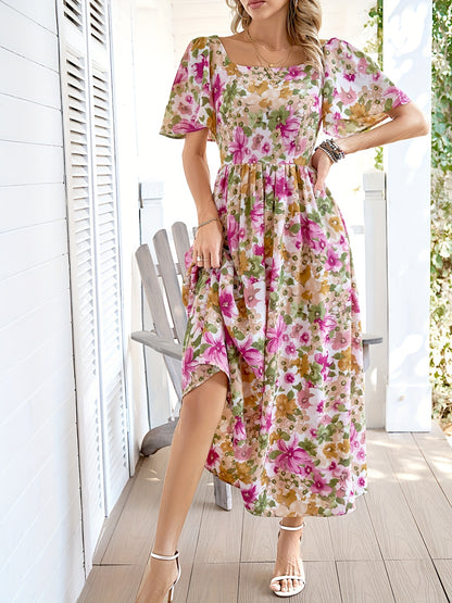Elegant Floral Dress with Ruffle Sleeves for Women - Perfect for Spring and Summer