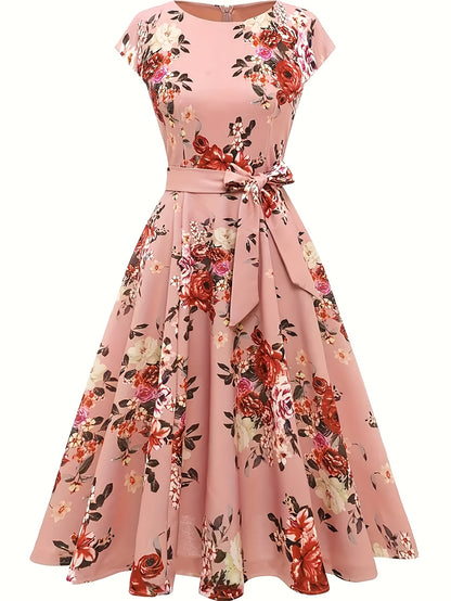 Elegant Floral Print Dress with Ribbon Waist - Sleeveless, Polyester, Round Neck, Zipper Closure, Perfect for Spring/Summer, Adult Women'S Fashion, Floral Dress | Floral Print Dress | Polyester Dress