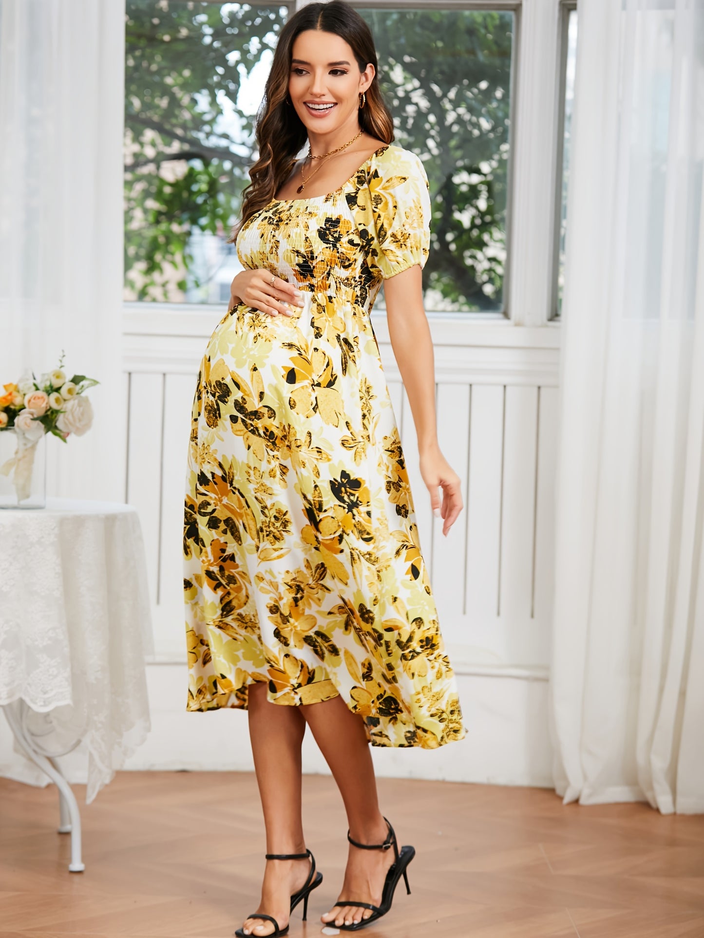Women's Off-Shoulder Floral Dress, Romantic Style, Short Sleeve Flowy High-Waist Summer Dress