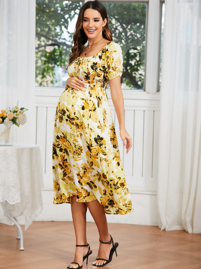 Women's Off-Shoulder Floral Dress, Romantic Style, Short Sleeve Flowy High-Waist Summer Dress