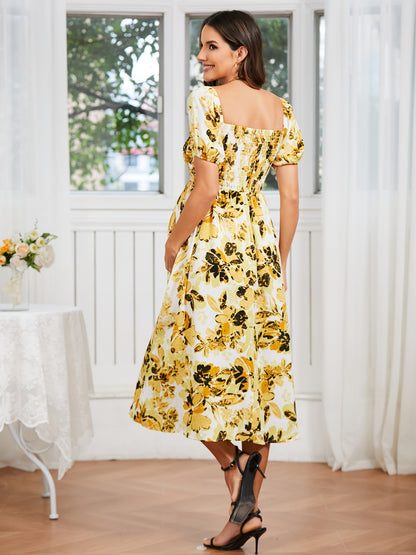 Women's Off-Shoulder Floral Dress, Romantic Style, Short Sleeve Flowy High-Waist Summer Dress