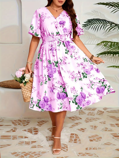 Plus Size Elegant Floral Dress with Ruched Waist - V-Neck, Short Sleeves, Light Yellow with Pink & Green Floral Print, Perfect for Summer, Casual to Semi-Formal Attire, Casual Attire|Floral Print Dress|Ruched Waistline, Plus
