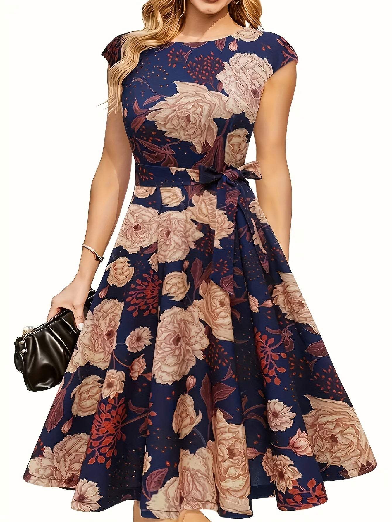 Elegant Floral Print Dress with Ribbon Waist - Sleeveless, Polyester, Round Neck, Zipper Closure, Perfect for Spring/Summer, Adult Women'S Fashion, Floral Dress | Floral Print Dress | Polyester Dress