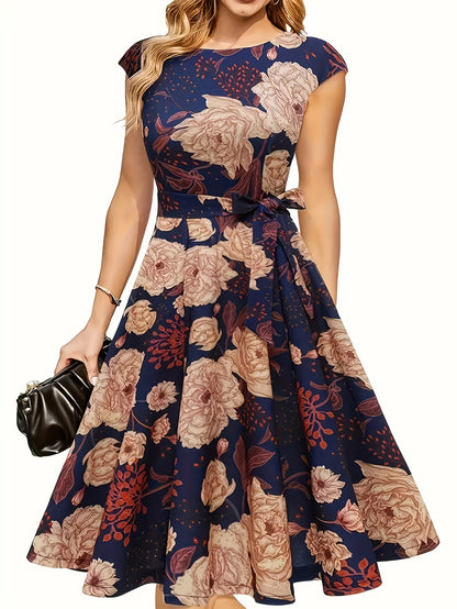 Elegant Floral Print Dress with Ribbon Waist - Sleeveless, Polyester, Round Neck, Zipper Closure, Perfect for Spring/Summer, Adult Women'S Fashion, Floral Dress | Floral Print Dress | Polyester Dress