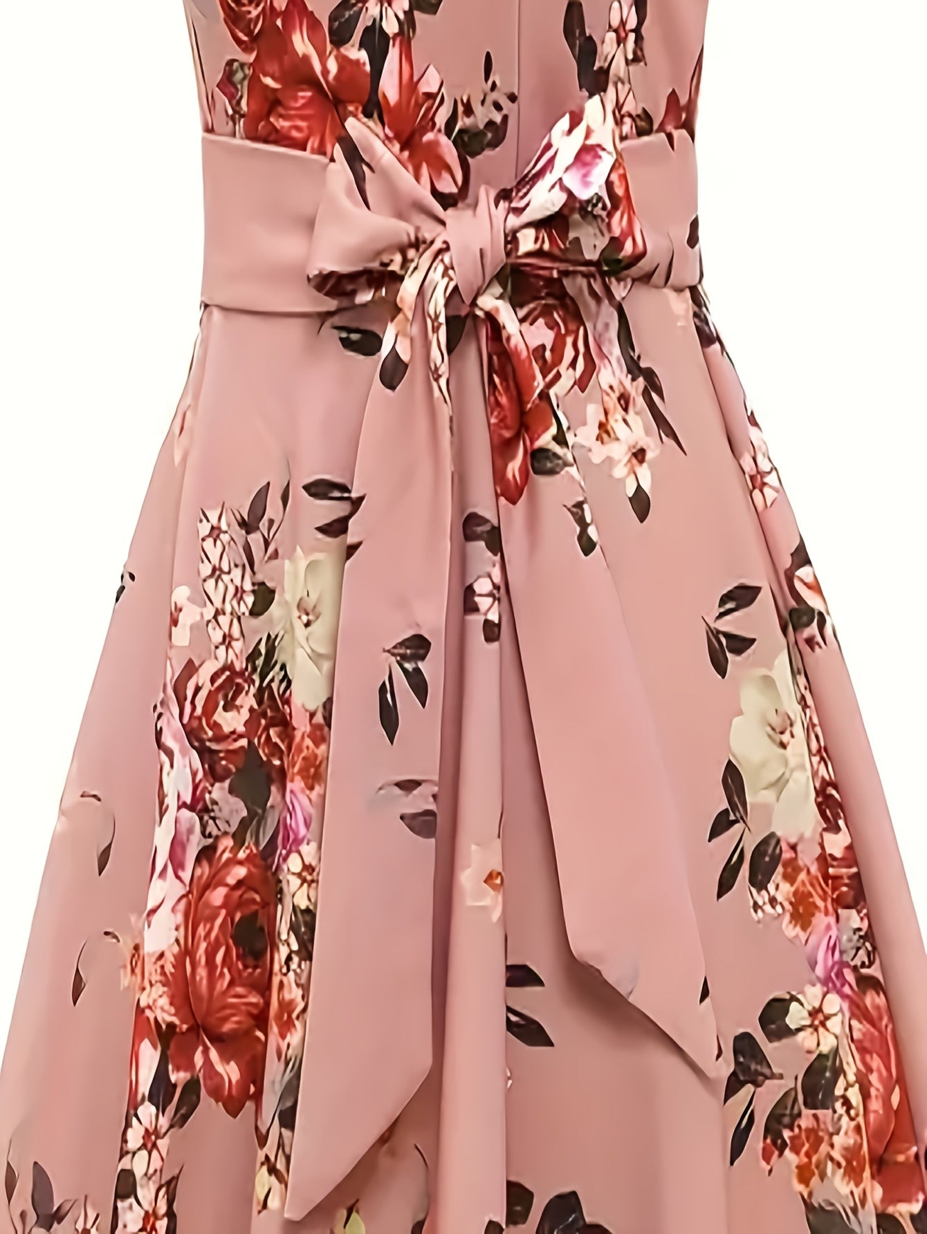 Elegant Floral Print Dress with Ribbon Waist - Sleeveless, Polyester, Round Neck, Zipper Closure, Perfect for Spring/Summer, Adult Women'S Fashion, Floral Dress | Floral Print Dress | Polyester Dress