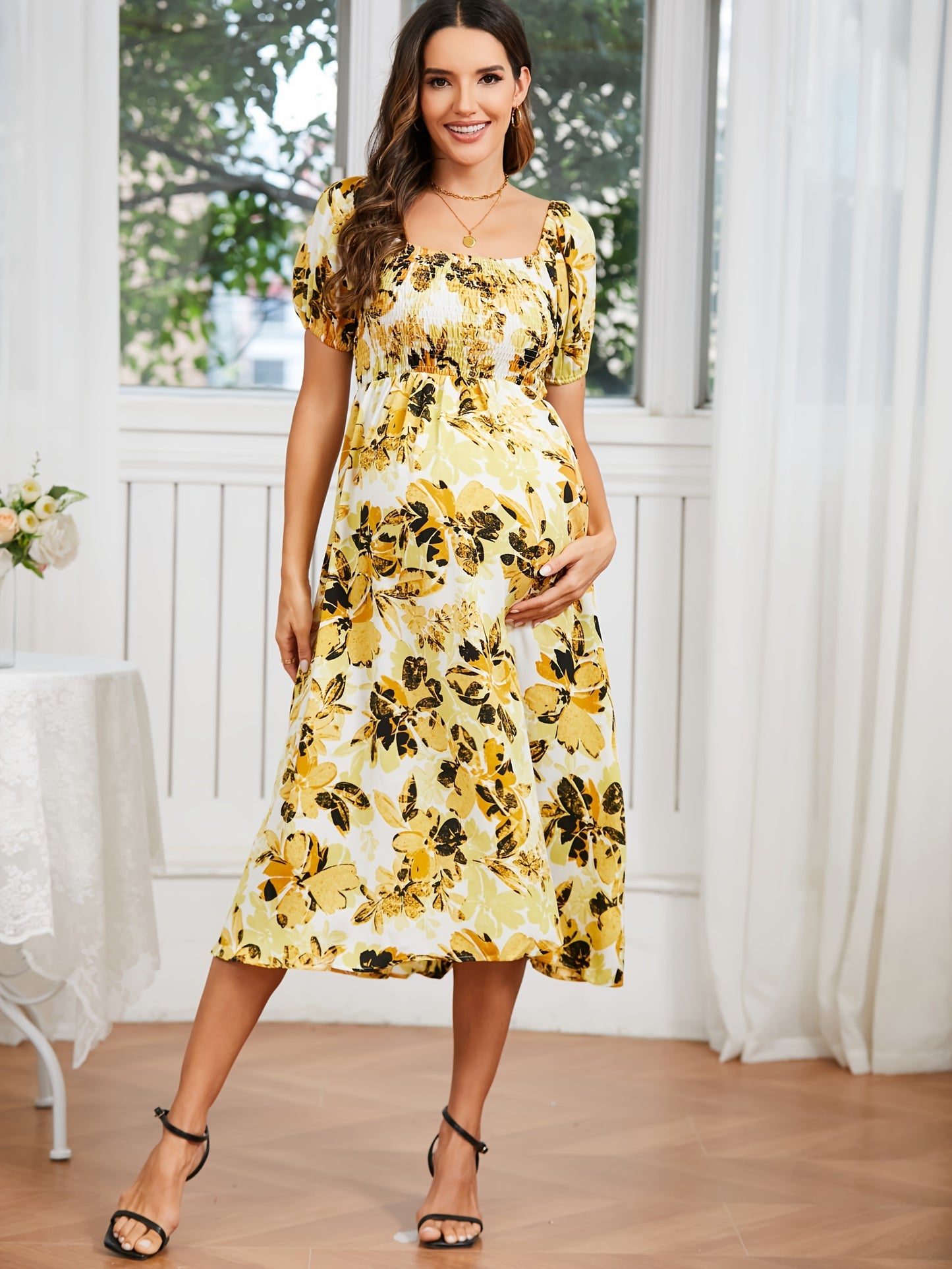 Women's Off-Shoulder Floral Dress, Romantic Style, Short Sleeve Flowy High-Waist Summer Dress