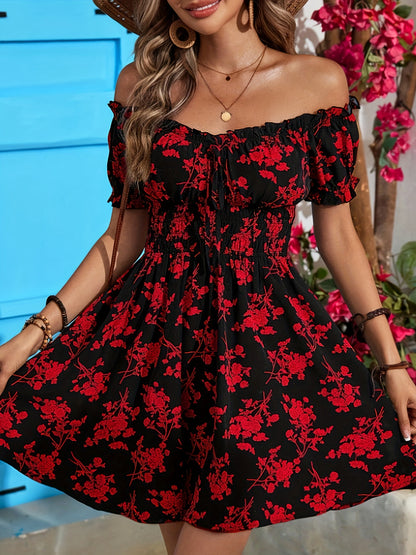 Elegant Off-Shoulder Floral Dress - Polyester, Machine Washable, Non-Stretch Fabric for All Seasons