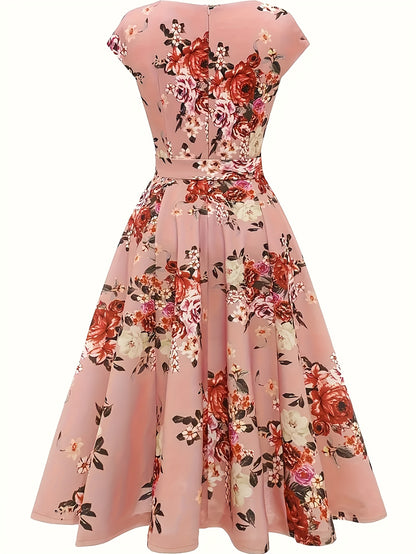 Elegant Floral Print Dress with Ribbon Waist - Sleeveless, Polyester, Round Neck, Zipper Closure, Perfect for Spring/Summer, Adult Women'S Fashion, Floral Dress | Floral Print Dress | Polyester Dress