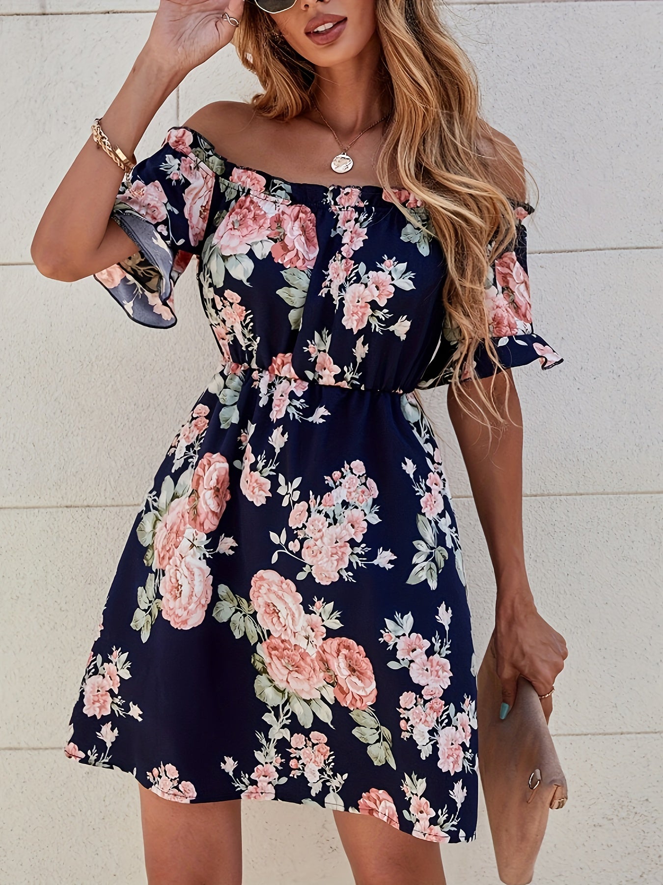 Elegant Off-Shoulder Floral Dress for Women - Short Sleeve, Mid-Length with Cinched Waist, Perfect for Spring/Summer