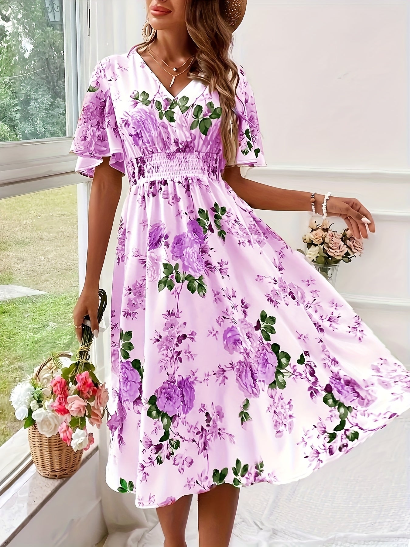 Plus Size Elegant Floral Dress with Ruched Waist - V-Neck, Short Sleeves, Light Yellow with Pink & Green Floral Print, Perfect for Summer, Casual to Semi-Formal Attire, Casual Attire|Floral Print Dress|Ruched Waistline, Plus