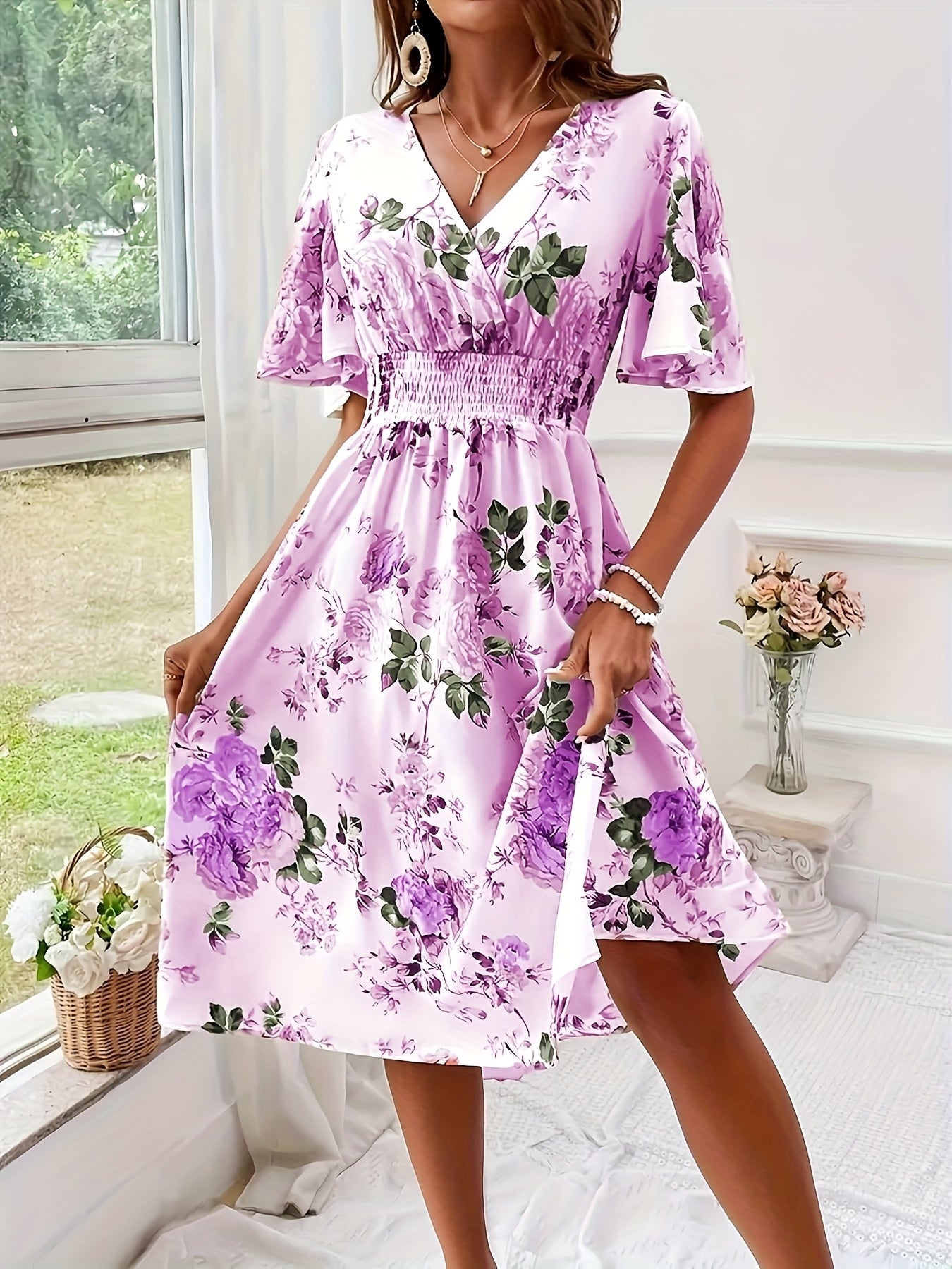 Plus Size Elegant Floral Dress with Ruched Waist - V-Neck, Short Sleeves, Light Yellow with Pink & Green Floral Print, Perfect for Summer, Casual to Semi-Formal Attire, Casual Attire|Floral Print Dress|Ruched Waistline, Plus