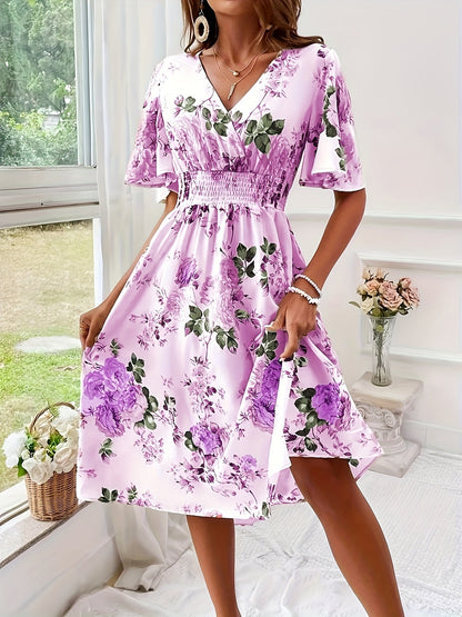 Plus Size Elegant Floral Dress with Ruched Waist - V-Neck, Short Sleeves, Light Yellow with Pink & Green Floral Print, Perfect for Summer, Casual to Semi-Formal Attire, Casual Attire|Floral Print Dress|Ruched Waistline, Plus