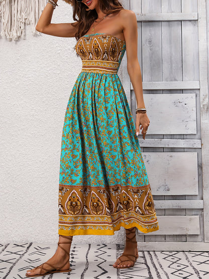 Print Off-Shoulder Floral Dress with Shirred Waist - Machine Washable, Polyester - Perfect for Vacation & Everyday Chic