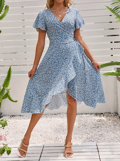 Women's Floral Print Short Sleeve Wrap Dress with Butterfly Sleeves and Side Tie Detail - V-Neck, Lightweight Polyester, Ideal for Spring/Summer/Fall, Floral Dress