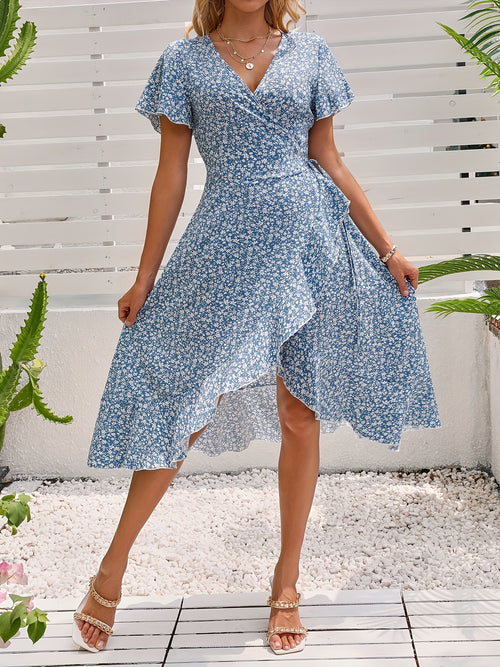 Women's Floral Print Short Sleeve Wrap Dress with Butterfly Sleeves and Side Tie Detail - V-Neck, Lightweight Polyester, Ideal for Spring/Summer/Fall, Floral Dress