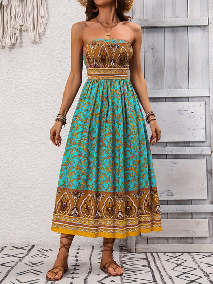 Print Off-Shoulder Floral Dress with Shirred Waist - Machine Washable, Polyester - Perfect for Vacation & Everyday Chic