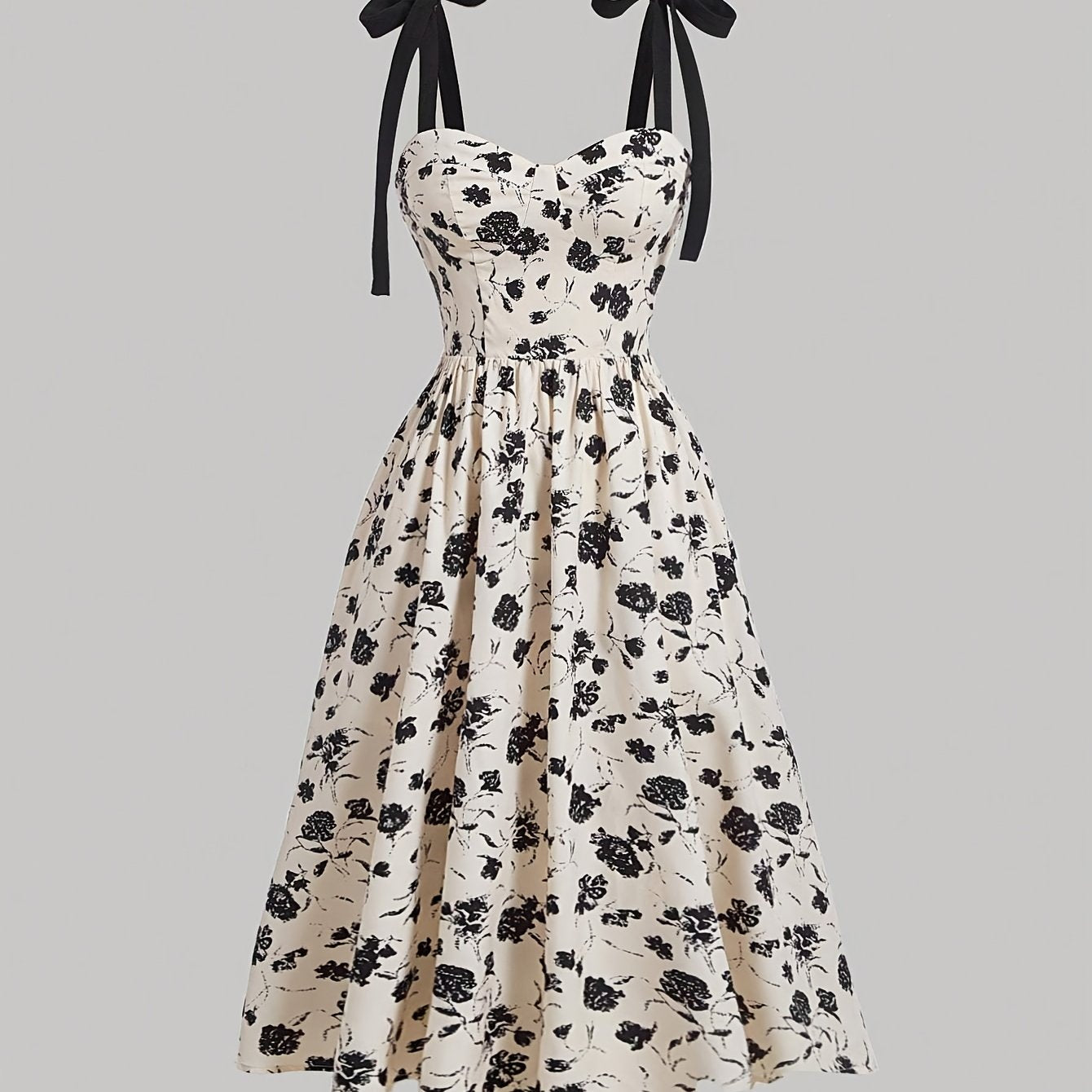[Midi Chic V-Neck Floral Dress] Women'S Elegant V-Neck Floral Print Dress with Tie Straps, Polyester Knit Fabric, A-Line Silhouette, All-Season Chic Midi Dress for Adult