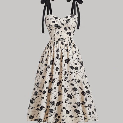 [Midi Chic V-Neck Floral Dress] Women'S Elegant V-Neck Floral Print Dress with Tie Straps, Polyester Knit Fabric, A-Line Silhouette, All-Season Chic Midi Dress for Adult