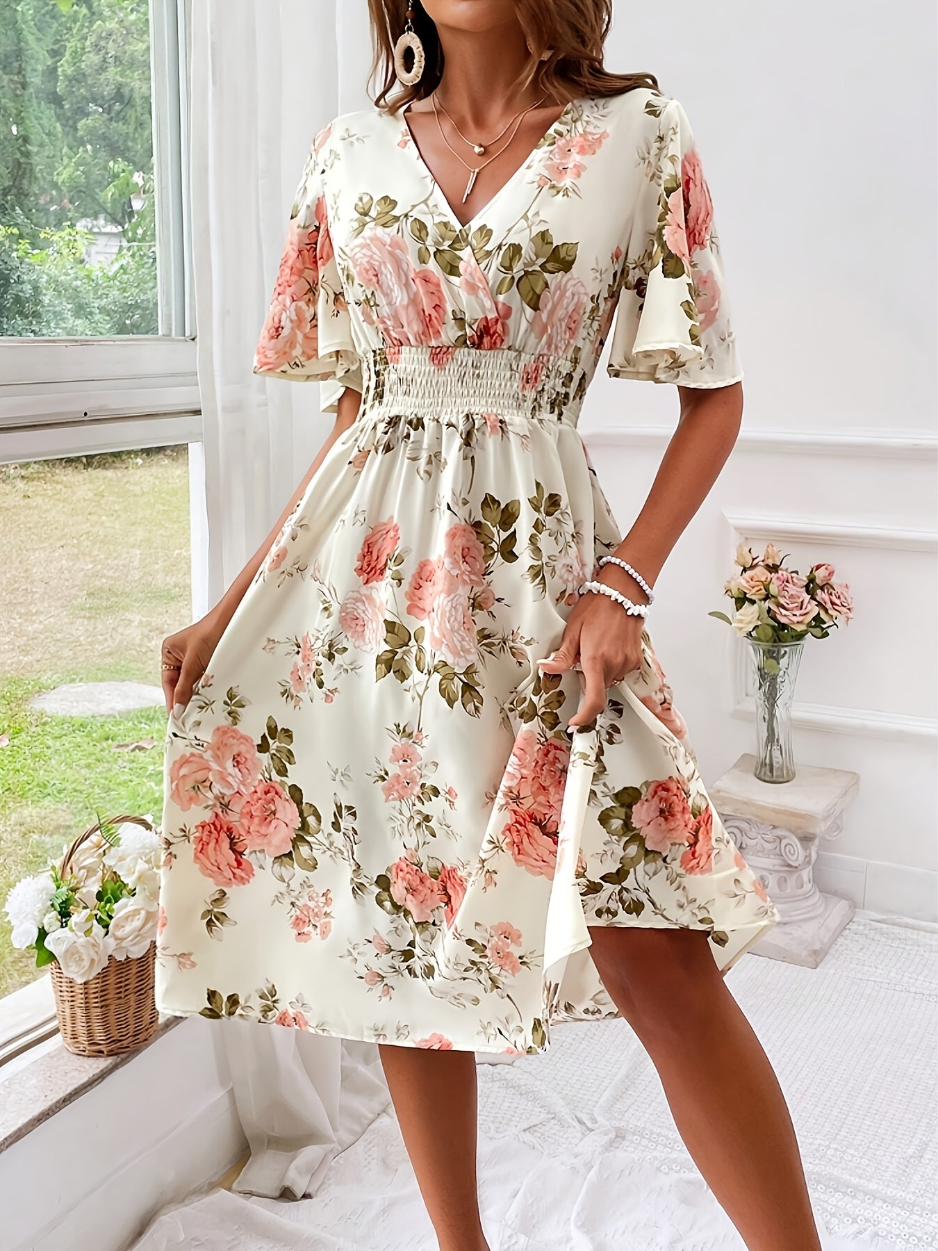 Plus Size Elegant Floral Dress with Ruched Waist - V-Neck, Short Sleeves, Light Yellow with Pink & Green Floral Print, Perfect for Summer, Casual to Semi-Formal Attire, Casual Attire|Floral Print Dress|Ruched Waistline, Plus