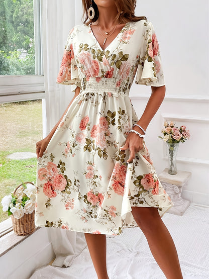 Plus Size Elegant Floral Dress with Ruched Waist - V-Neck, Short Sleeves, Light Yellow with Pink & Green Floral Print, Perfect for Summer, Casual to Semi-Formal Attire, Casual Attire|Floral Print Dress|Ruched Waistline, Plus