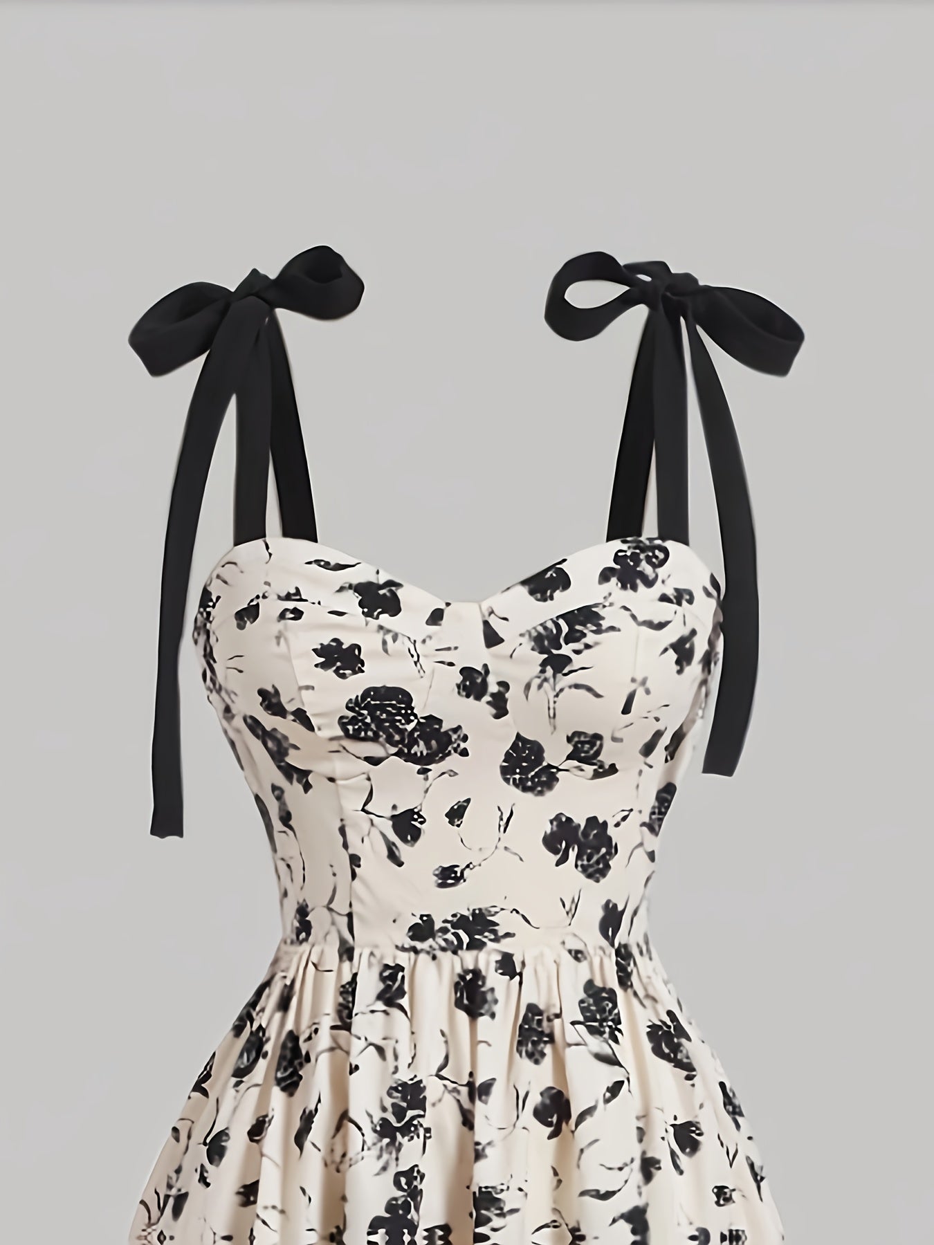 [Midi Chic V-Neck Floral Dress] Women'S Elegant V-Neck Floral Print Dress with Tie Straps, Polyester Knit Fabric, A-Line Silhouette, All-Season Chic Midi Dress for Adult