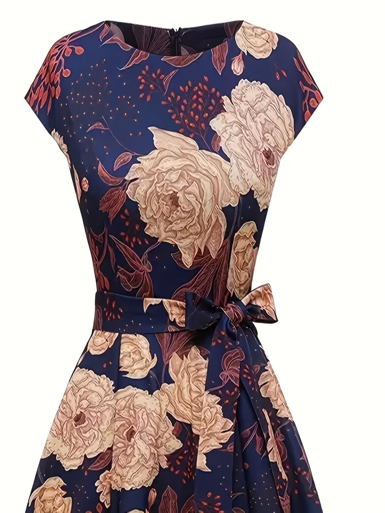 Elegant Floral Print Dress with Ribbon Waist - Sleeveless, Polyester, Round Neck, Zipper Closure, Perfect for Spring/Summer, Adult Women'S Fashion, Floral Dress | Floral Print Dress | Polyester Dress