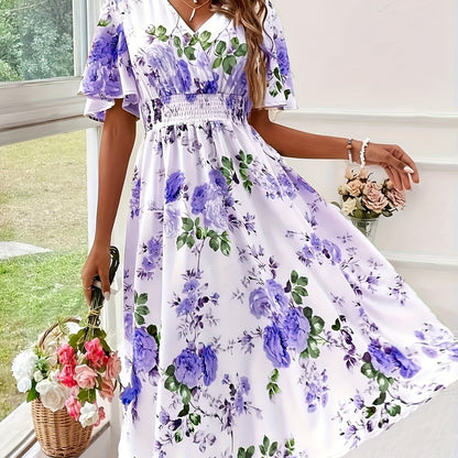 Plus Size Elegant Floral Dress with Ruched Waist - V-Neck, Short Sleeves, Light Yellow with Pink & Green Floral Print, Perfect for Summer, Casual to Semi-Formal Attire, Casual Attire|Floral Print Dress|Ruched Waistline, Plus