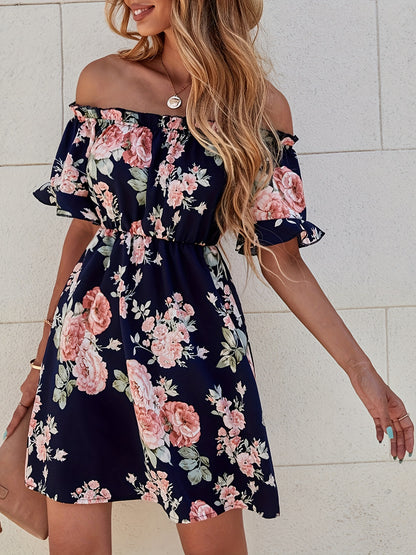 Elegant Off-Shoulder Floral Dress for Women - Short Sleeve, Mid-Length with Cinched Waist, Perfect for Spring/Summer