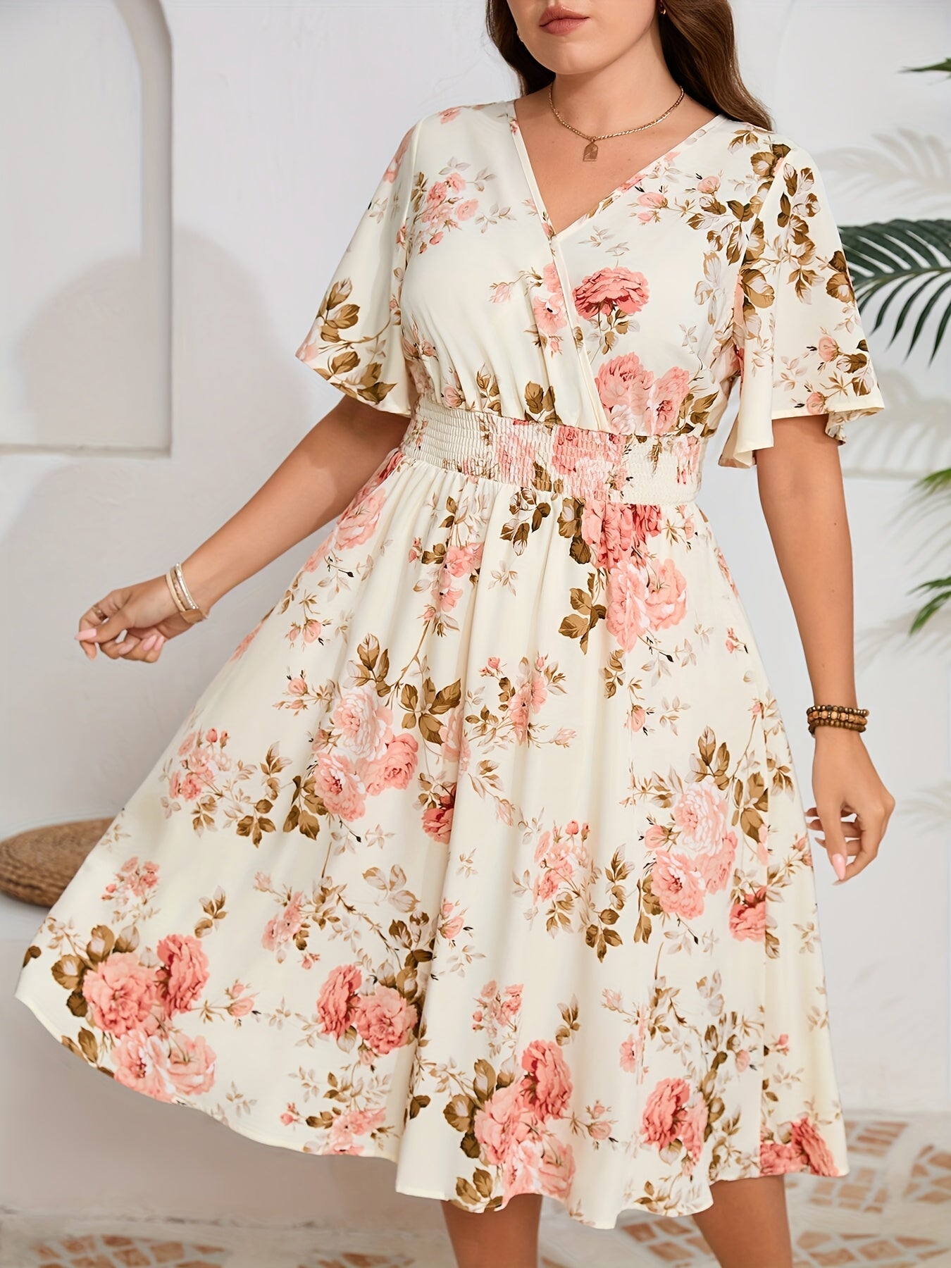 Plus Size Elegant Floral Dress with Ruched Waist - V-Neck, Short Sleeves, Light Yellow with Pink & Green Floral Print, Perfect for Summer, Casual to Semi-Formal Attire, Casual Attire|Floral Print Dress|Ruched Waistline, Plus