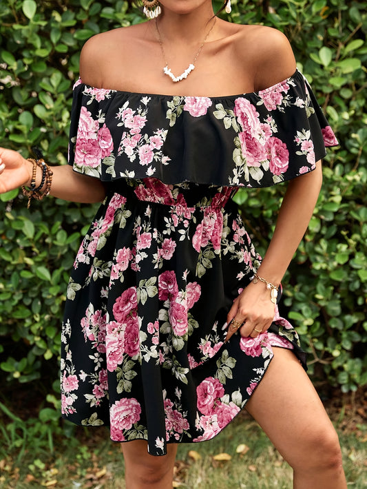 Chic Bloom, Elegant Off-Shoulder Floral Dress for Women - Ruffle Sleeves, A-Line, Perfect for Spring/Summer Vacations