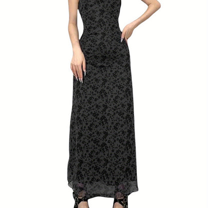 Women Slip Slim Fit Fashion Style Dress Spaghetti Straps Backless Lace Trim Floral Dress Summer Long Solid Color Dress