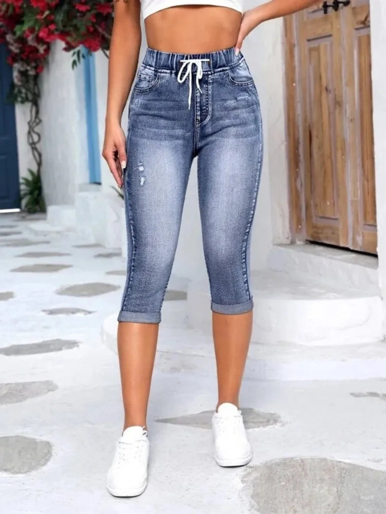 2025 New High Waist Ripped Calf-Length Jeans For Women Fashion High Stretch Elastic Waist Denim Pencil Pants Casual Skinny Jeans