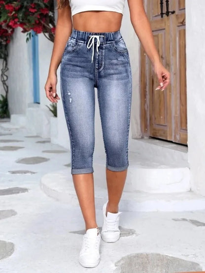 2025 New High Waist Ripped Calf-Length Jeans For Women Fashion High Stretch Elastic Waist Denim Pencil Pants Casual Skinny Jeans