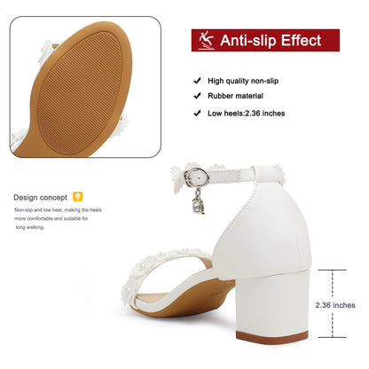 Women's Block Heel Sandals Faux Pearls Decor Flowers Ankle Strap Round Toe Elegant Chunky Heels Minimalist Banquet Wedding Shoes