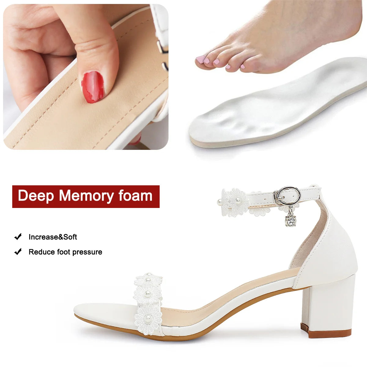 Women's Block Heel Sandals Faux Pearls Decor Flowers Ankle Strap Round Toe Elegant Chunky Heels Minimalist Banquet Wedding Shoes