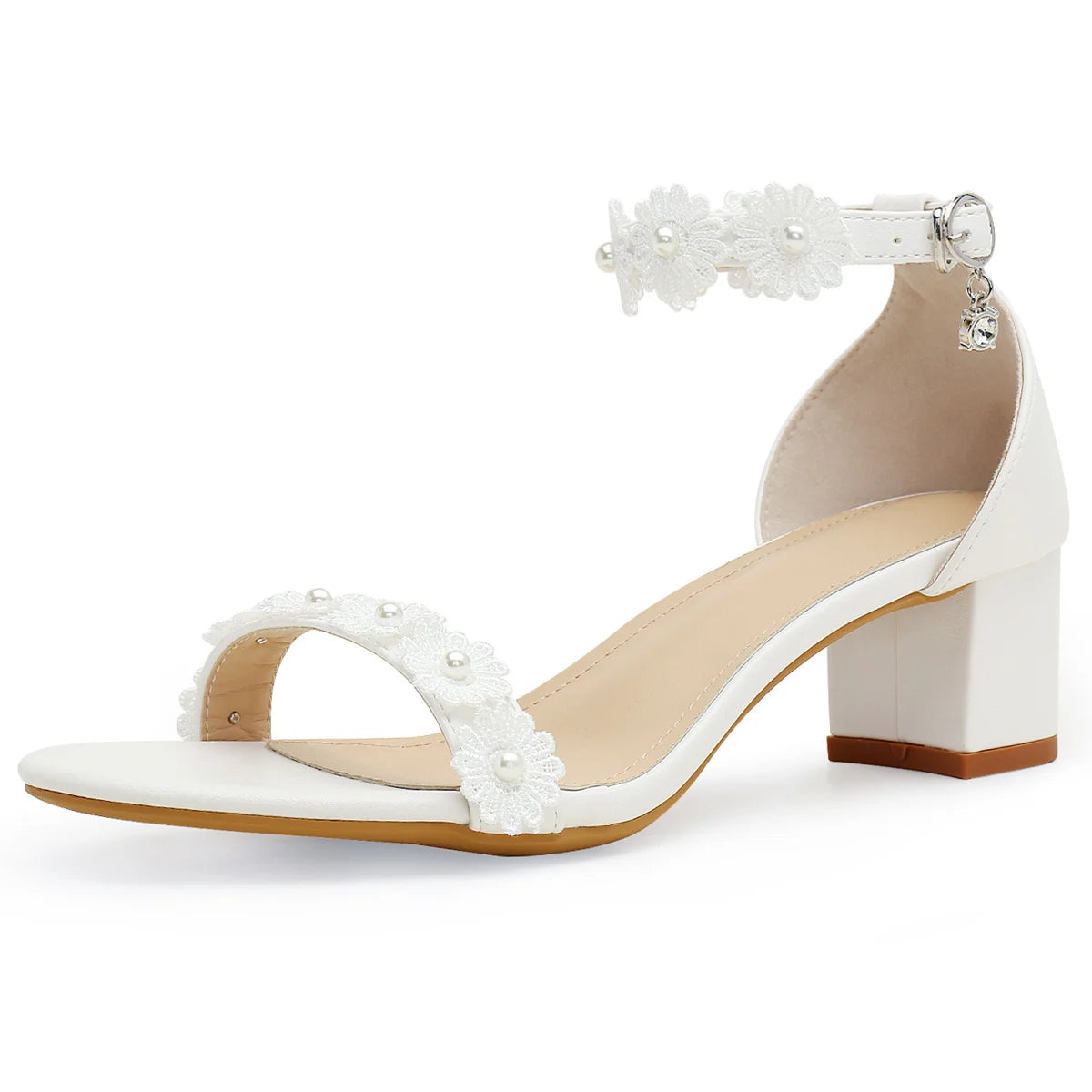 Women's Block Heel Sandals Faux Pearls Decor Flowers Ankle Strap Round Toe Elegant Chunky Heels Minimalist Banquet Wedding Shoes