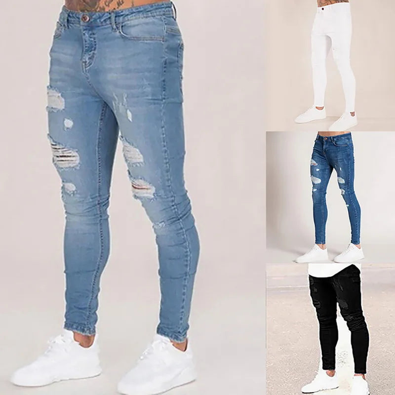 2025 Pencil Pants Elastic Sweatpants Men Fit Solid Ripped Denim Harem Pants Casual Black Blue White Destroyed Jeans Pants