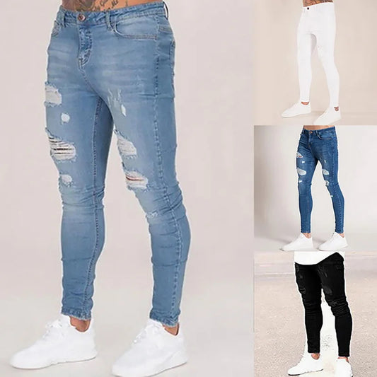 2025 Pencil Pants Elastic Sweatpants Men Fit Solid Ripped Denim Harem Pants Casual Black Blue White Destroyed Jeans Pants
