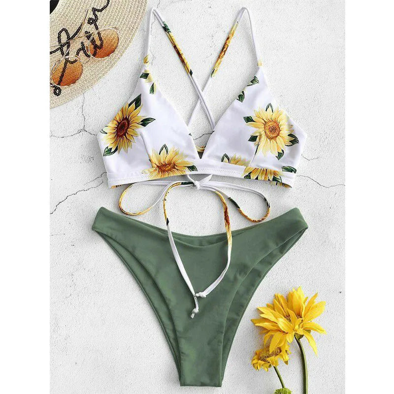 Sunflower Printed Bikini Set Sexy Swimwear Women  Push Up Padded Bathers Bandage Bathing Suit Swimsuit Bikini