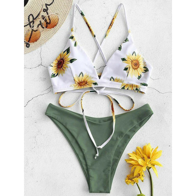 Sunflower Printed Bikini Set Sexy Swimwear Women  Push Up Padded Bathers Bandage Bathing Suit Swimsuit Bikini